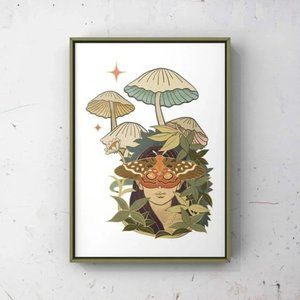 Vintage cottagecore mushroom butterfly head women art print
